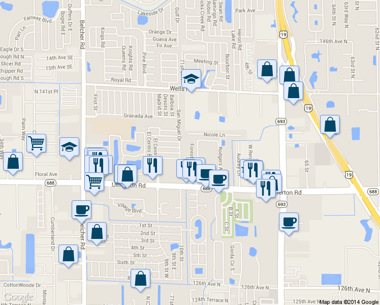 map of restaurants, bars, coffee shops, grocery stores, and more near 13654 Forest Lake Drive in Largo