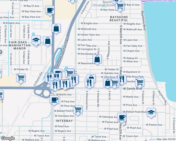 map of restaurants, bars, coffee shops, grocery stores, and more near 3306 West Fielder Street in Tampa