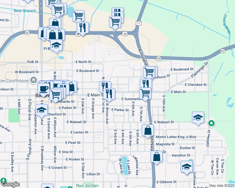 map of restaurants, bars, coffee shops, grocery stores, and more near 1040 East Main Street in Bartow