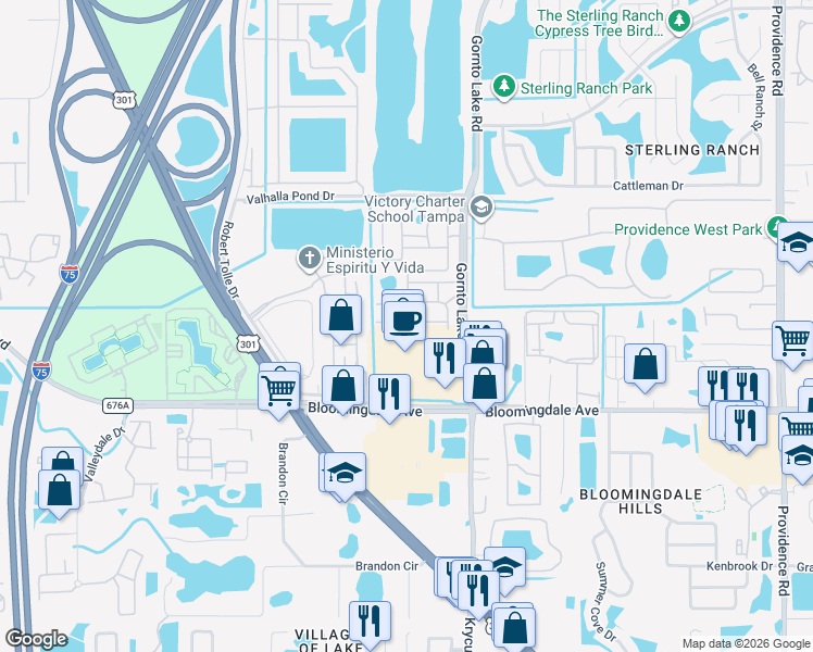 map of restaurants, bars, coffee shops, grocery stores, and more near 10139 Pink Palmata Court in Riverview