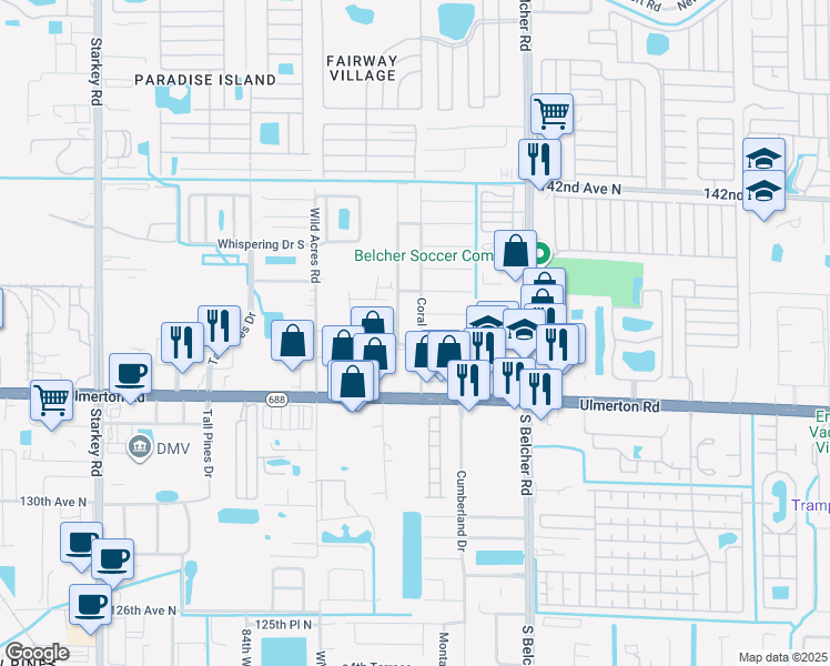 map of restaurants, bars, coffee shops, grocery stores, and more near 2115 Palm Way in Largo