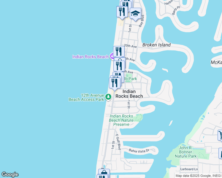 map of restaurants, bars, coffee shops, grocery stores, and more near 1 15th Avenue in Indian Rocks Beach