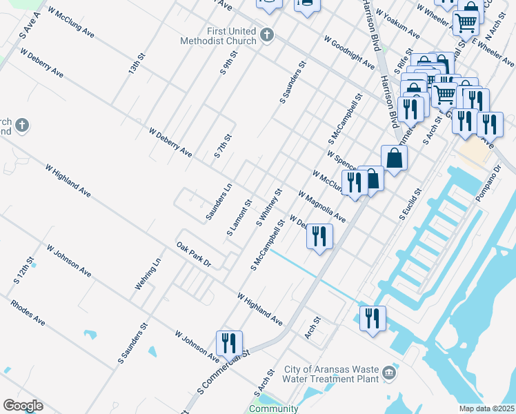 map of restaurants, bars, coffee shops, grocery stores, and more near 1060 South Whitney Street in Aransas Pass
