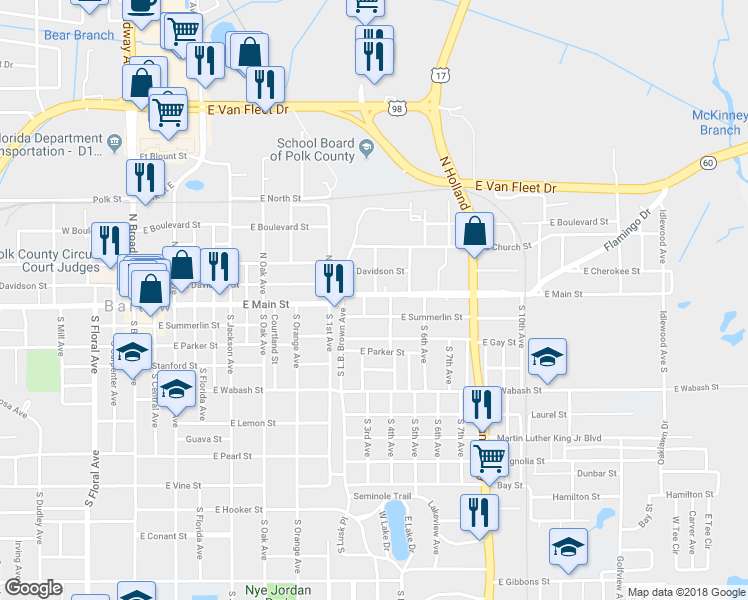 map of restaurants, bars, coffee shops, grocery stores, and more near 1040 East Main Street in Bartow