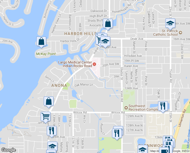 map of restaurants, bars, coffee shops, grocery stores, and more near 2233 Sunset Circle in Largo