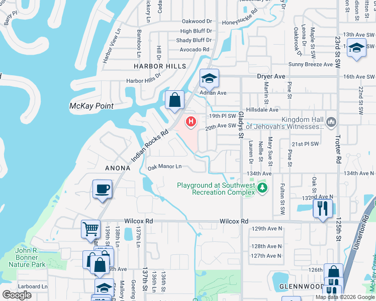 map of restaurants, bars, coffee shops, grocery stores, and more near 2233 Sunset Circle in Largo