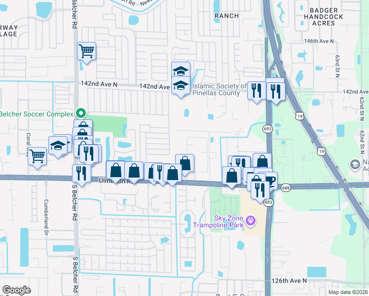 map of restaurants, bars, coffee shops, grocery stores, and more near 13701 Forest Lake Drive in Largo