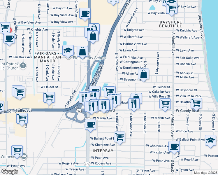 map of restaurants, bars, coffee shops, grocery stores, and more near 4711 South Himes Avenue in Tampa