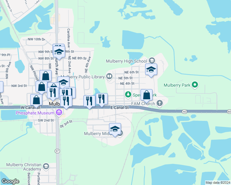 map of restaurants, bars, coffee shops, grocery stores, and more near 307 Northeast 9th Avenue in Mulberry