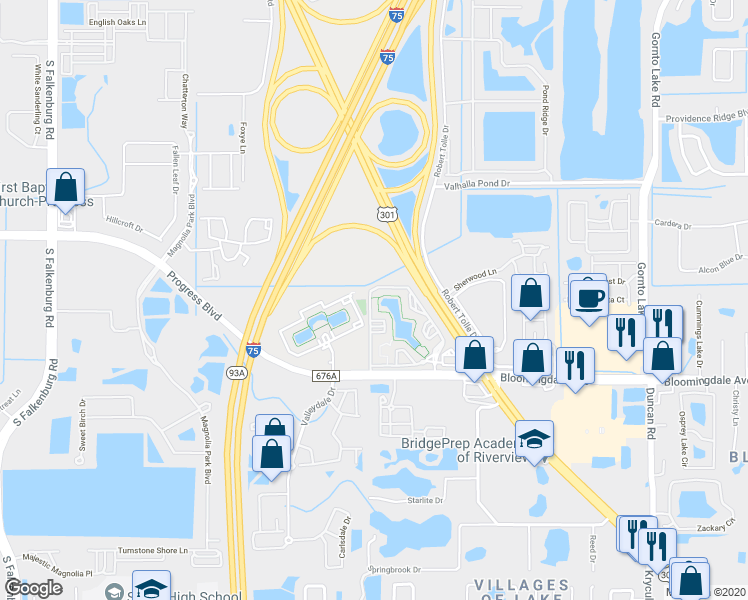 map of restaurants, bars, coffee shops, grocery stores, and more near 5709 Legacy Crescent Place in Riverview