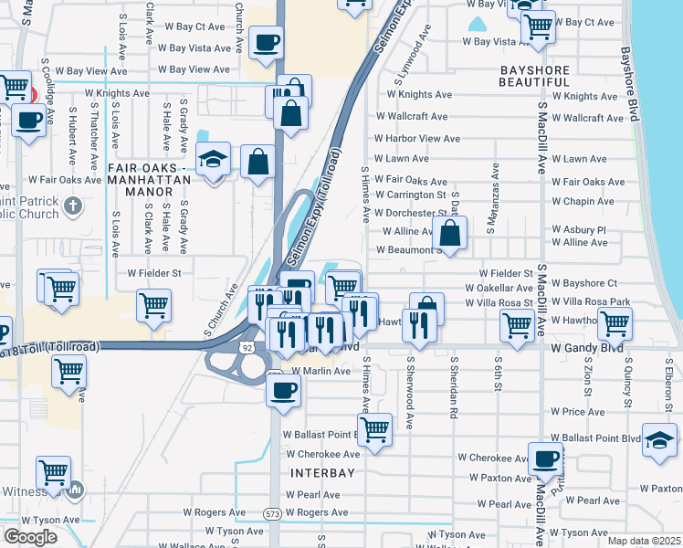 map of restaurants, bars, coffee shops, grocery stores, and more near 4711 South Himes Avenue in Tampa