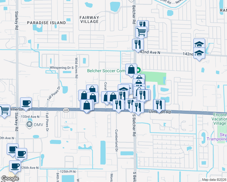 map of restaurants, bars, coffee shops, grocery stores, and more near 3690 137th Avenue North in Largo