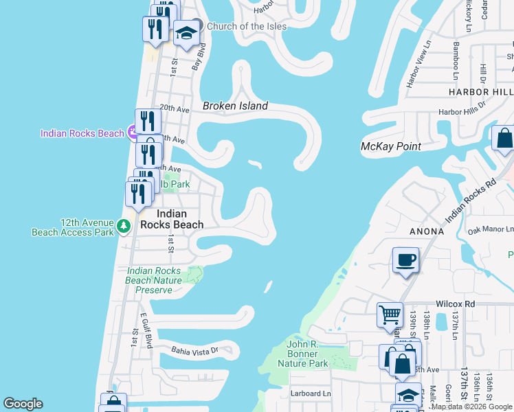 map of restaurants, bars, coffee shops, grocery stores, and more near 408 12th Avenue in Indian Rocks Beach