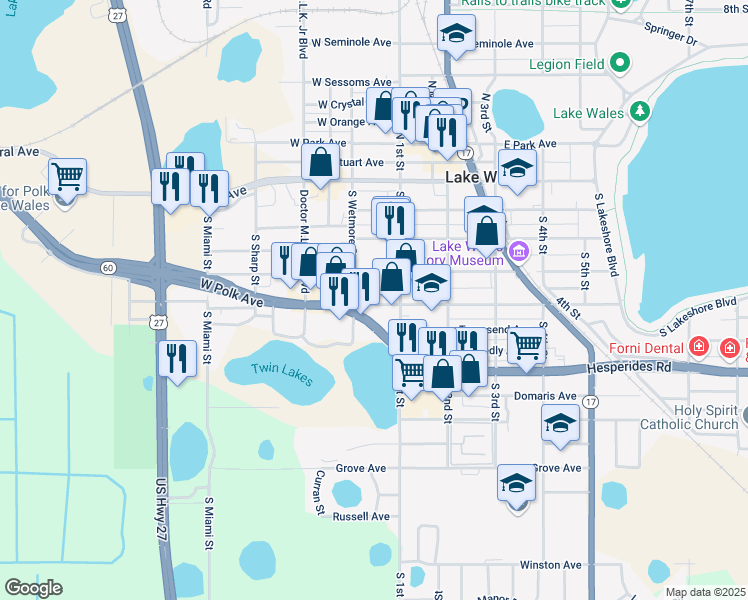 map of restaurants, bars, coffee shops, grocery stores, and more near 26 West Polk Avenue in Lake Wales