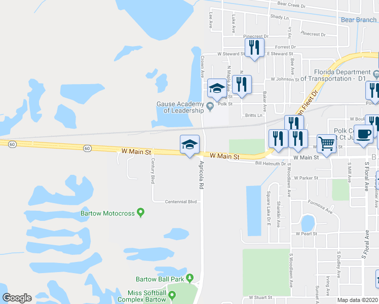 map of restaurants, bars, coffee shops, grocery stores, and more near 1680 Main Street West in Bartow