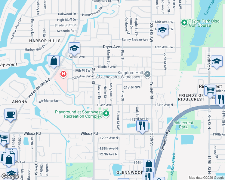 map of restaurants, bars, coffee shops, grocery stores, and more near 2149 Mary Sue Street in Largo