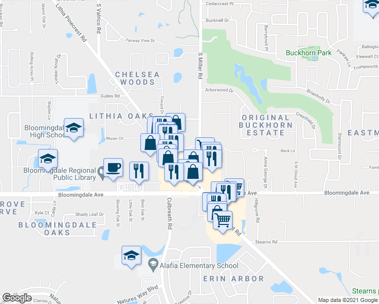map of restaurants, bars, coffee shops, grocery stores, and more near 2237 Lithia Center Lane in Valrico