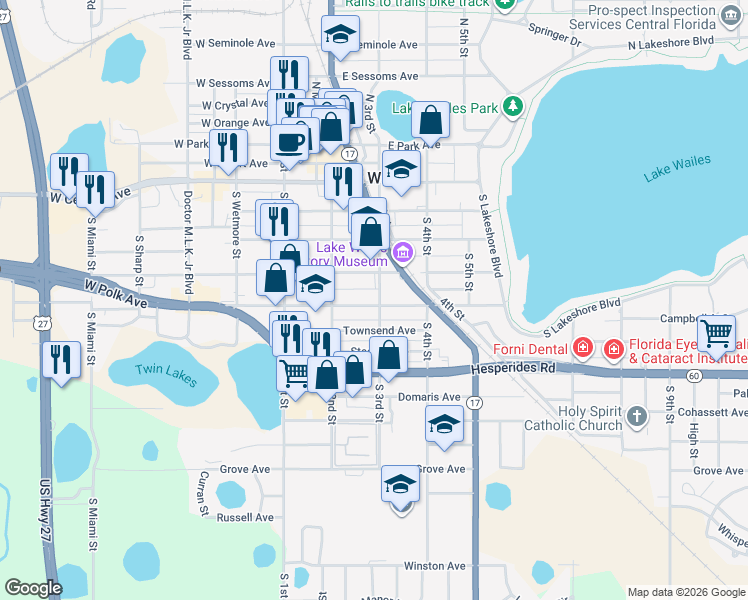 map of restaurants, bars, coffee shops, grocery stores, and more near 237 South 3rd Street in Lake Wales
