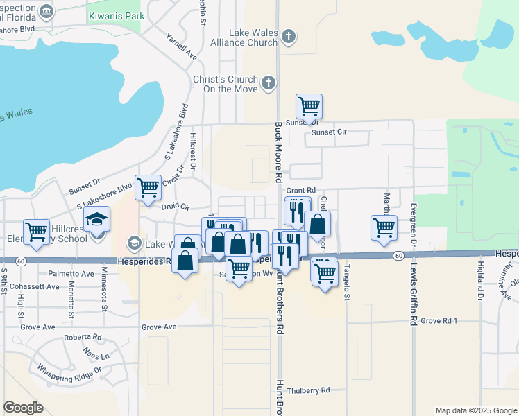 map of restaurants, bars, coffee shops, grocery stores, and more near 45 Buck Moore Road in Lake Wales