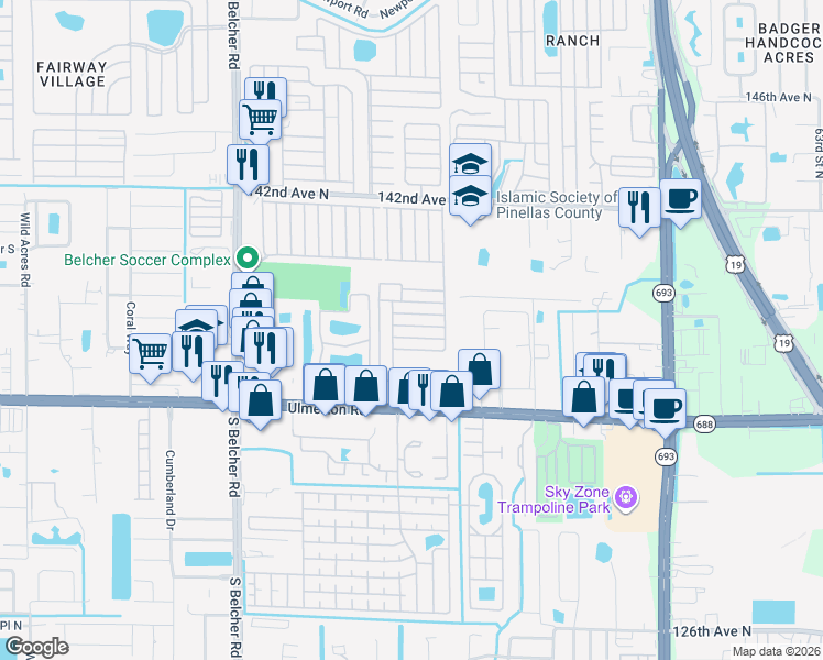 map of restaurants, bars, coffee shops, grocery stores, and more near 7349 Ulmerton Road in Largo