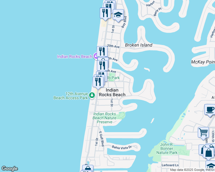 map of restaurants, bars, coffee shops, grocery stores, and more near 116 14th Avenue North in Indian Rocks Beach