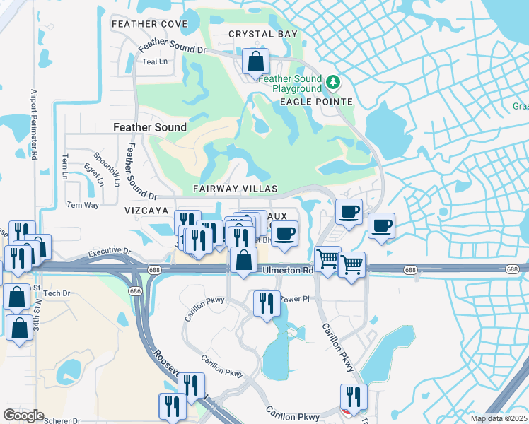 map of restaurants, bars, coffee shops, grocery stores, and more near 2450 Heron Terrace in Clearwater