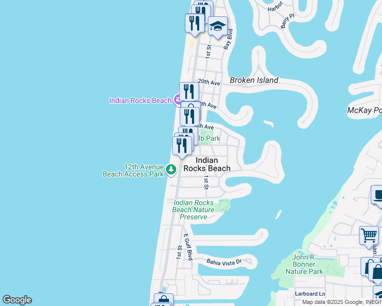 map of restaurants, bars, coffee shops, grocery stores, and more near 108 14th Avenue North in Indian Rocks Beach