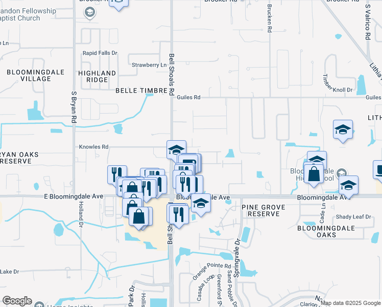 map of restaurants, bars, coffee shops, grocery stores, and more near 1011 Knowles Road in Brandon