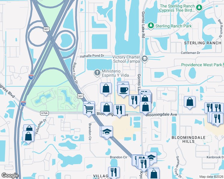 map of restaurants, bars, coffee shops, grocery stores, and more near 5642 Bandera Springs Circle in Riverview