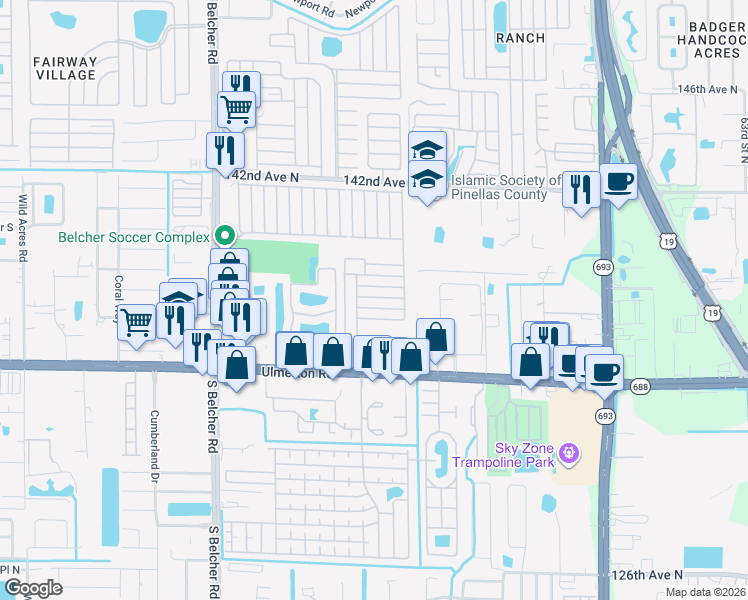 map of restaurants, bars, coffee shops, grocery stores, and more near 7349 Ulmerton Road in Largo