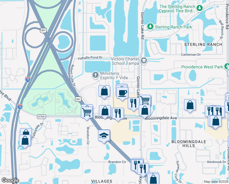map of restaurants, bars, coffee shops, grocery stores, and more near 5642 Bandera Springs Circle in Riverview