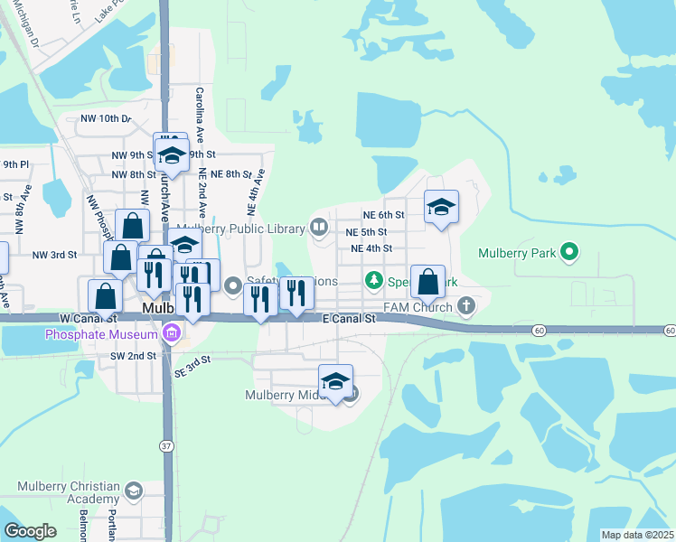 map of restaurants, bars, coffee shops, grocery stores, and more near 307 Northeast 9th Avenue in Mulberry