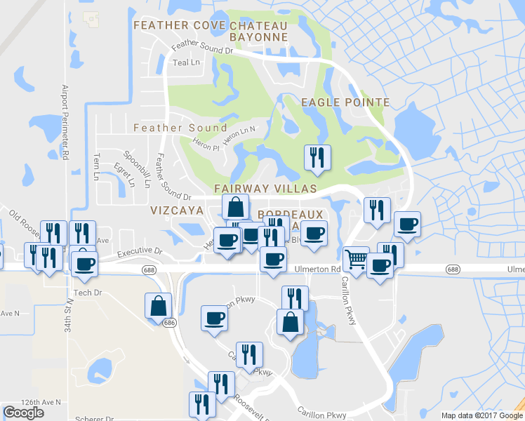 map of restaurants, bars, coffee shops, grocery stores, and more near 13714 Marseilles Court in Clearwater