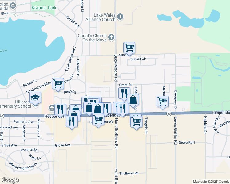 map of restaurants, bars, coffee shops, grocery stores, and more near 45 Buck Moore Road in Lake Wales