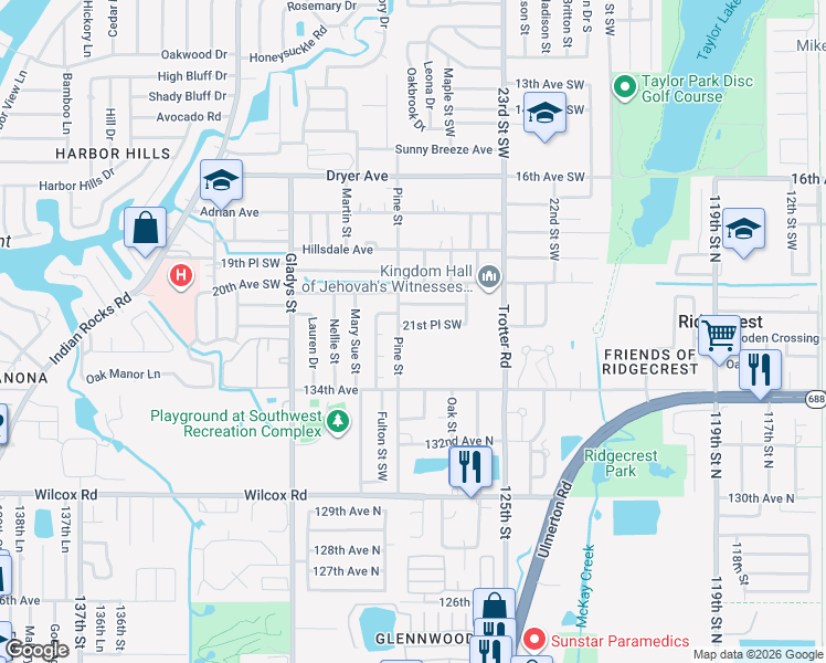 map of restaurants, bars, coffee shops, grocery stores, and more near 2738 21st Place Southwest in Largo