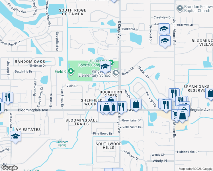 map of restaurants, bars, coffee shops, grocery stores, and more near 853 Creekway Court in Brandon