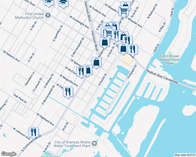 map of restaurants, bars, coffee shops, grocery stores, and more near 237 East Spencer Avenue in Aransas Pass