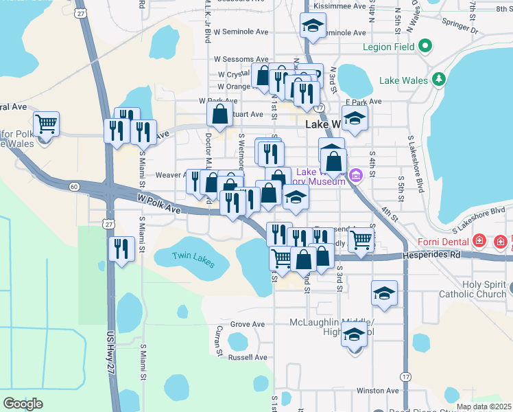 map of restaurants, bars, coffee shops, grocery stores, and more near 26 West Polk Avenue in Lake Wales