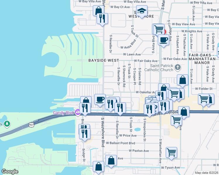 map of restaurants, bars, coffee shops, grocery stores, and more near 4709 West Fielder Street in Tampa