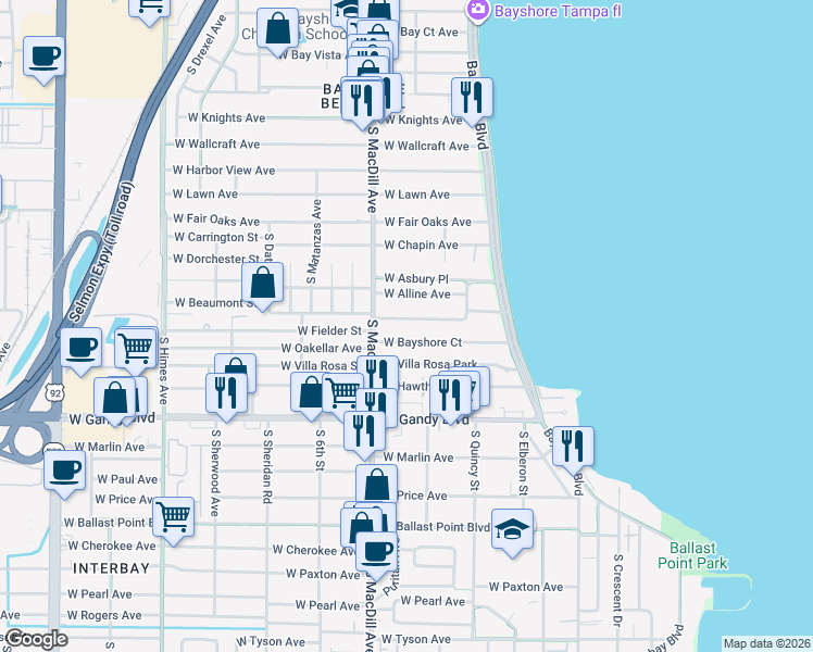map of restaurants, bars, coffee shops, grocery stores, and more near 2924 West Coachman Avenue in Tampa