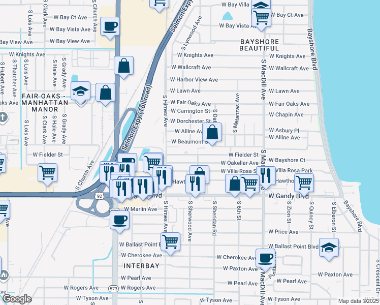 map of restaurants, bars, coffee shops, grocery stores, and more near 3307 Home Court in Tampa
