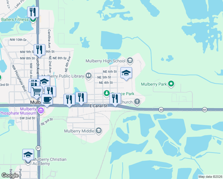 map of restaurants, bars, coffee shops, grocery stores, and more near 307 Northeast 11th Avenue in Mulberry
