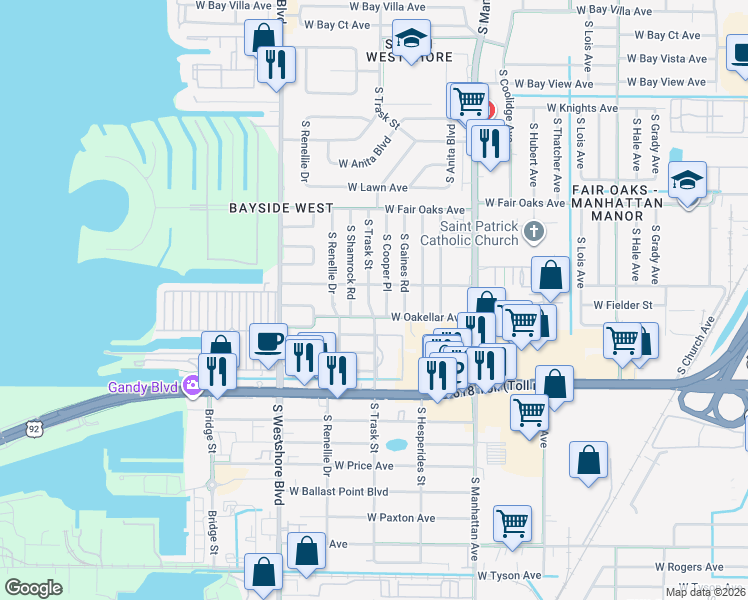 map of restaurants, bars, coffee shops, grocery stores, and more near 4605 South Cooper Place in Tampa