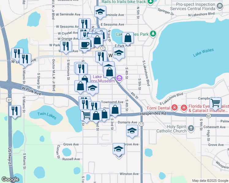 map of restaurants, bars, coffee shops, grocery stores, and more near 311 East Polk Avenue in Lake Wales