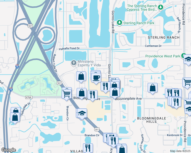 map of restaurants, bars, coffee shops, grocery stores, and more near 10136 Pink Palmata Court in Riverview