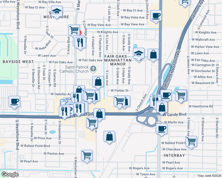 map of restaurants, bars, coffee shops, grocery stores, and more near 4107 West Fielder Street in Tampa