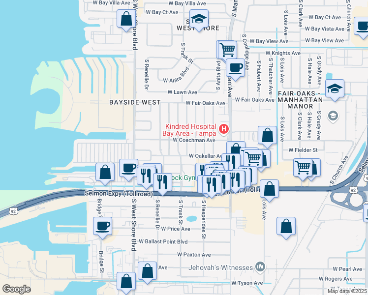 map of restaurants, bars, coffee shops, grocery stores, and more near 4605 South Cooper Place in Tampa