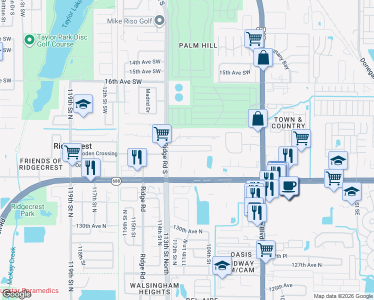 map of restaurants, bars, coffee shops, grocery stores, and more near 2141 Ridge Road South in Largo