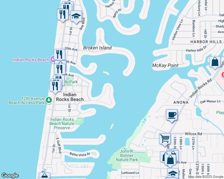 map of restaurants, bars, coffee shops, grocery stores, and more near 385 12th Avenue in Indian Rocks Beach