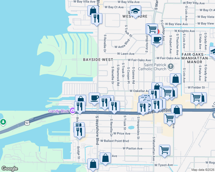 map of restaurants, bars, coffee shops, grocery stores, and more near 4709 W Fielder St in Tampa